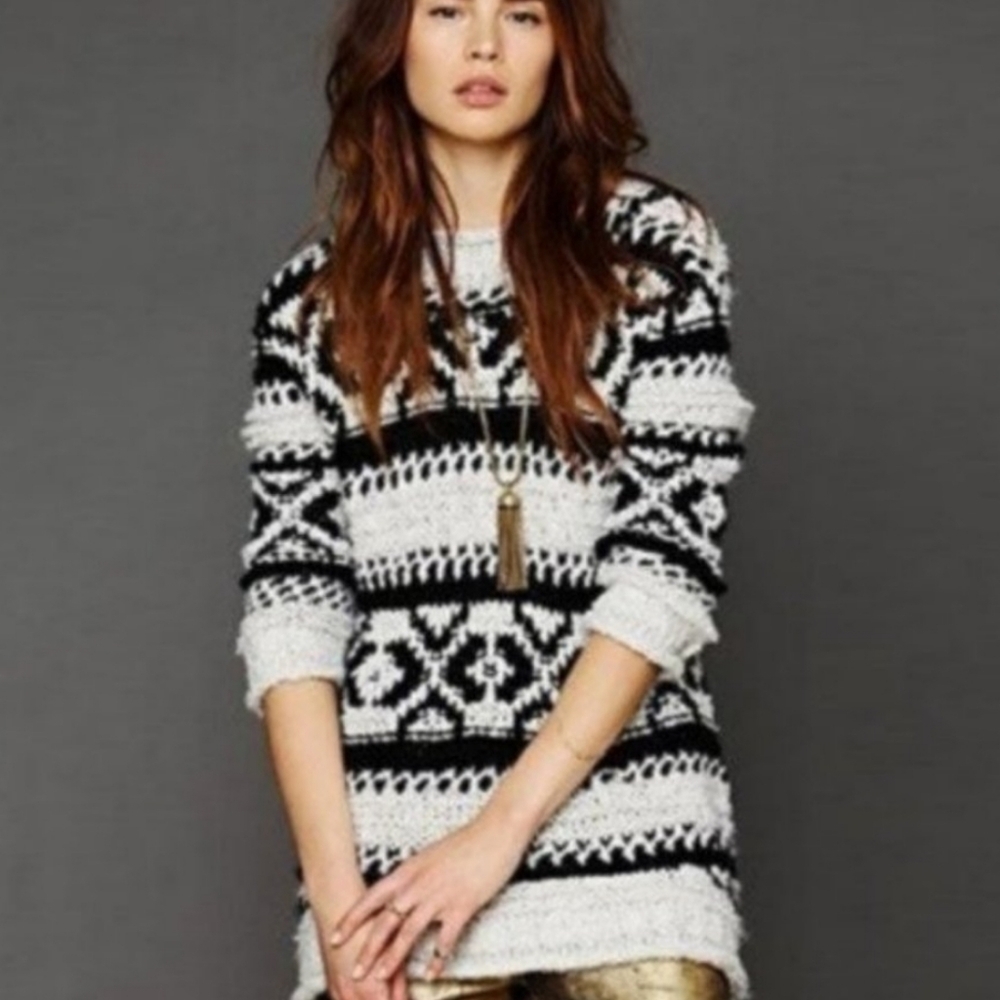 Free people oversized chunky knit print sweater size large - Picture 2 of 9